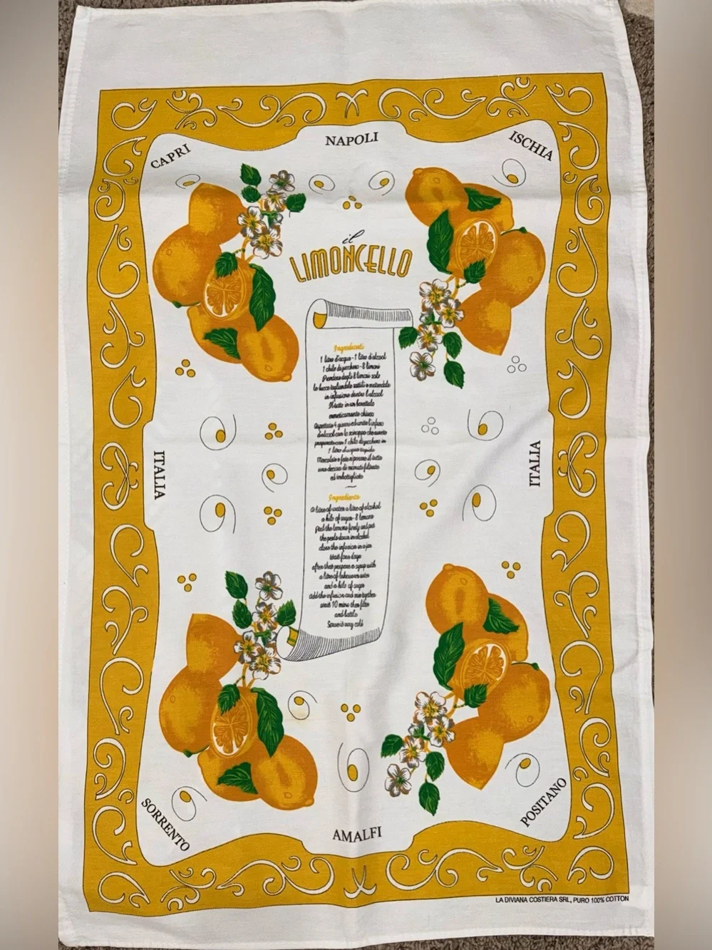 Italian Limoncello Lemon Kitchen Towels Set of 3 100% Cotton Amalfi Capri Italy
